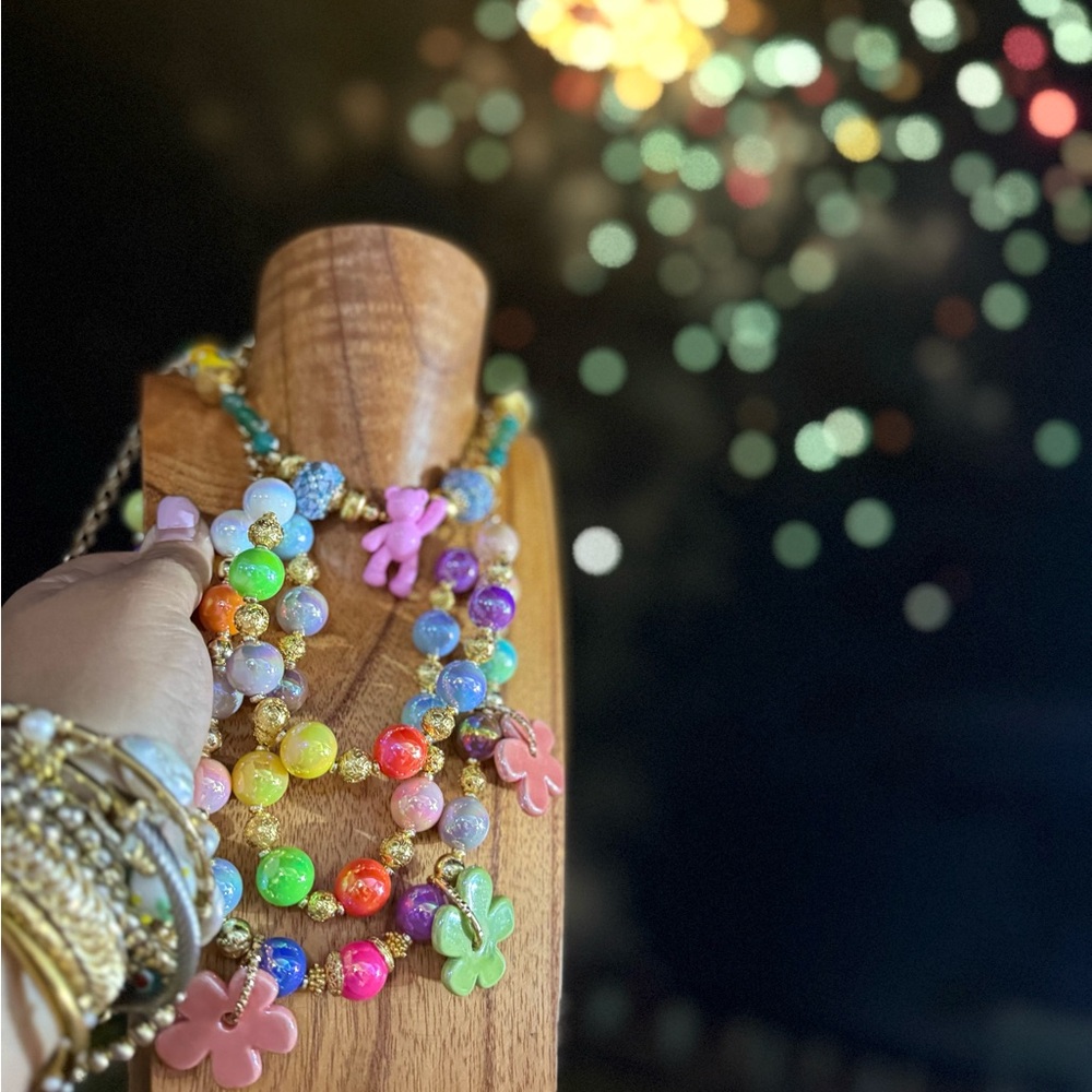Delicate Pink and Yellow Flower Beaded Necklace